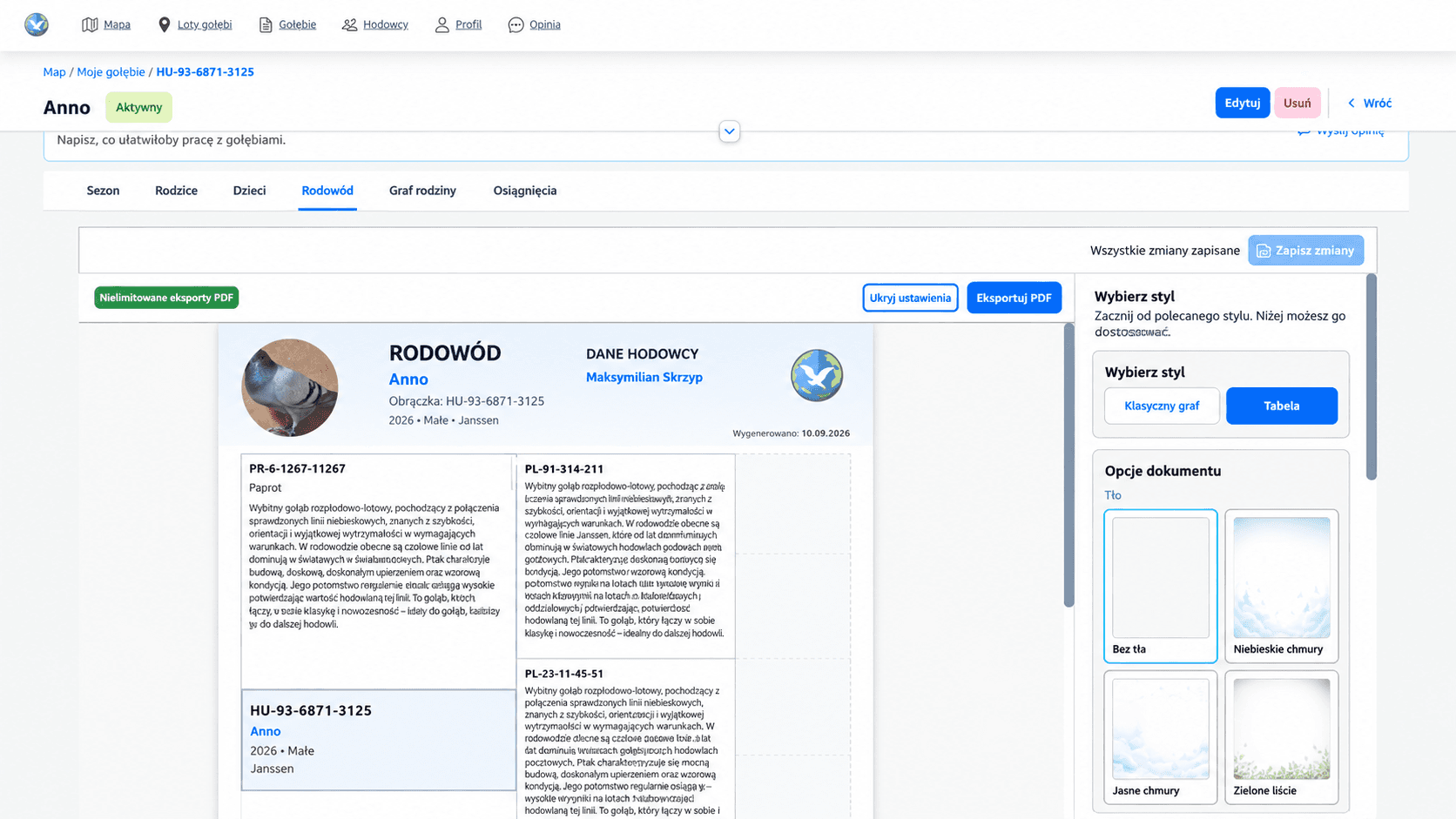 Pigeon pedigree editor with document preview, style selection and PDF export
