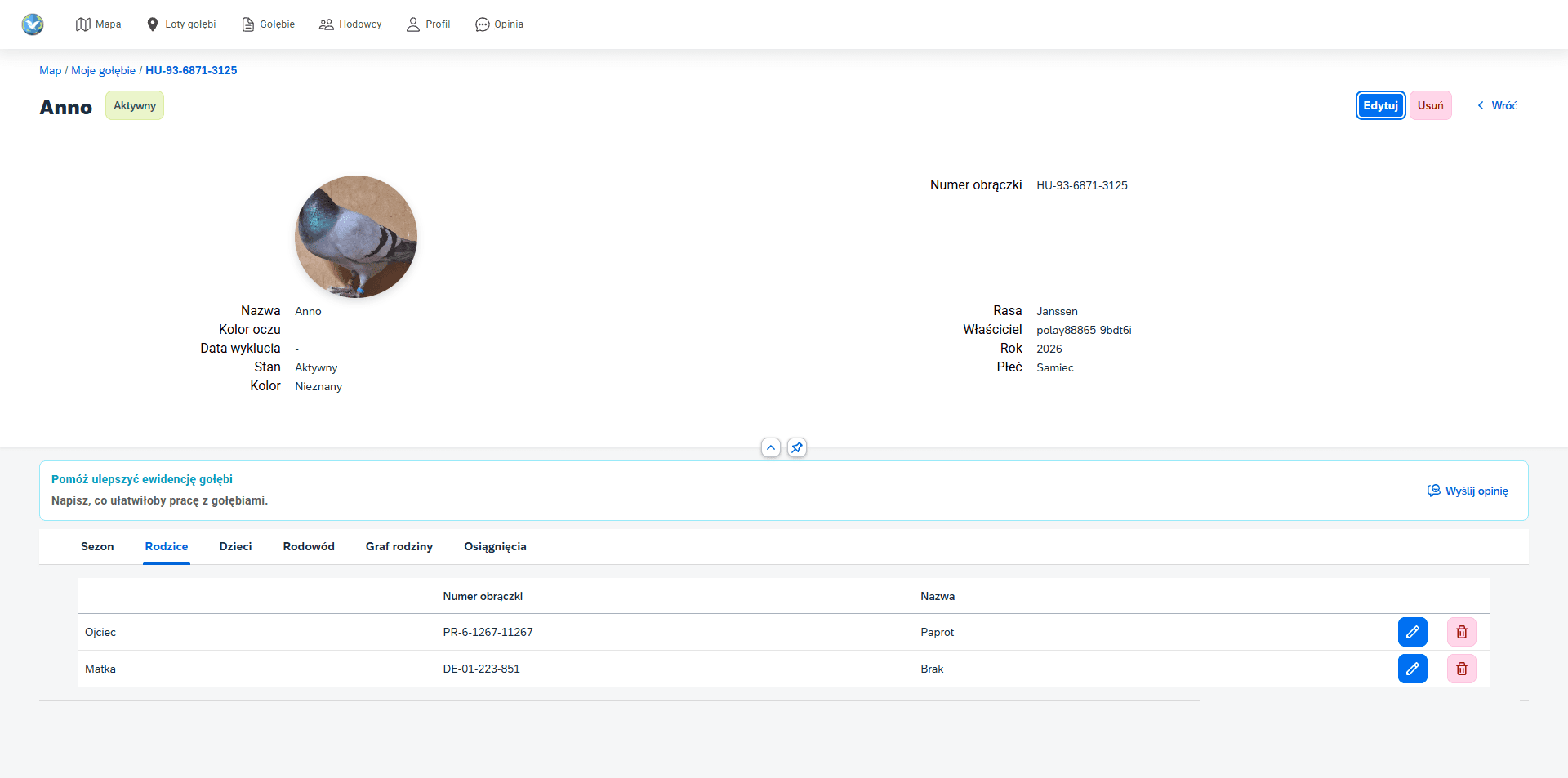Anno pigeon profile with a photo, details and assigned parents