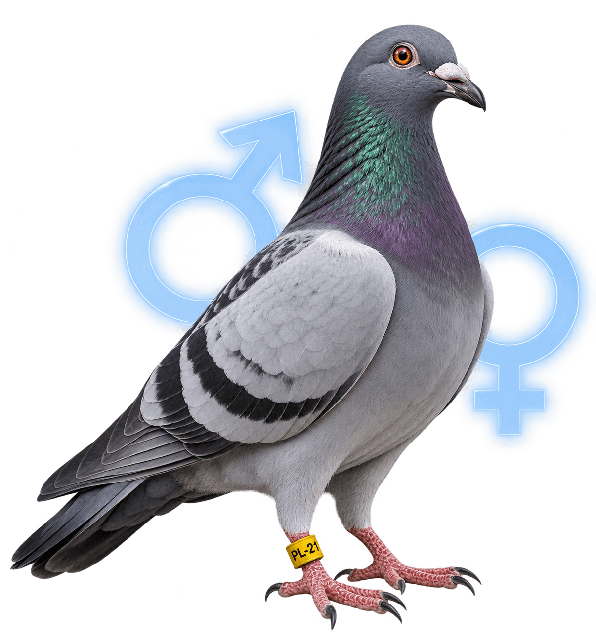 A ringed racing pigeon with male and female symbols in the background