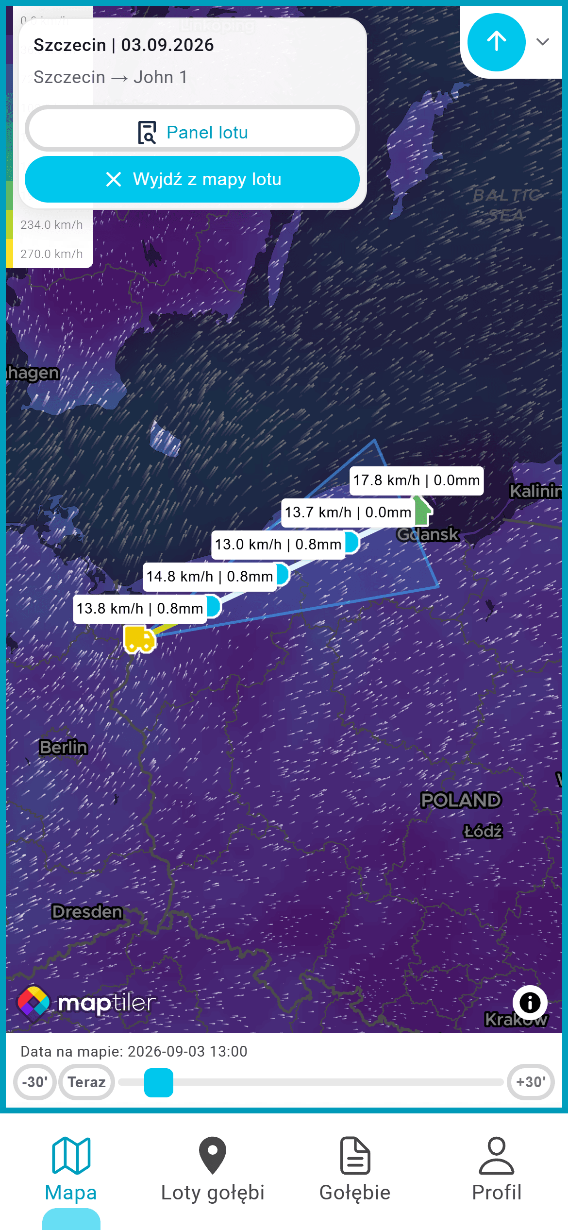 MapTiler view with a pigeon flight route and weather data