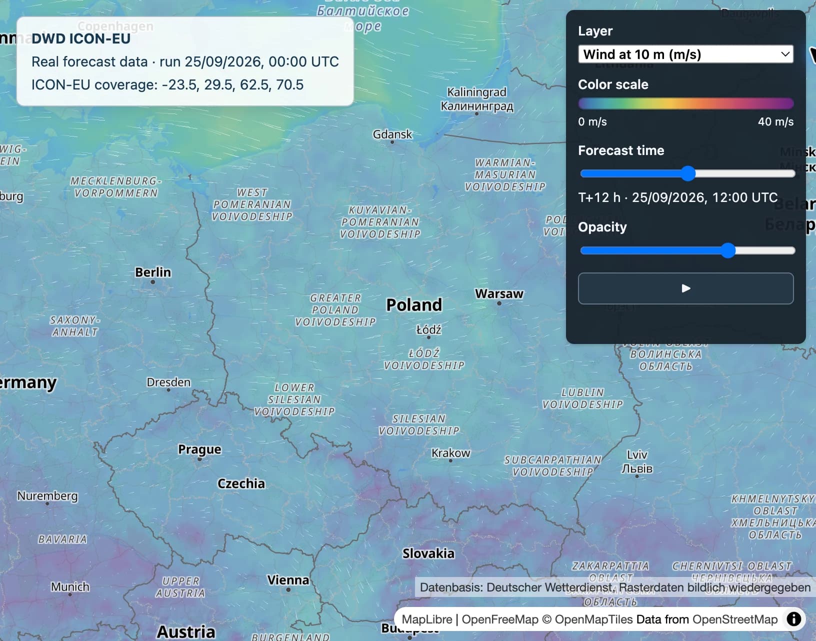 Pigeon Map Weather forecast with the wind layer over Poland