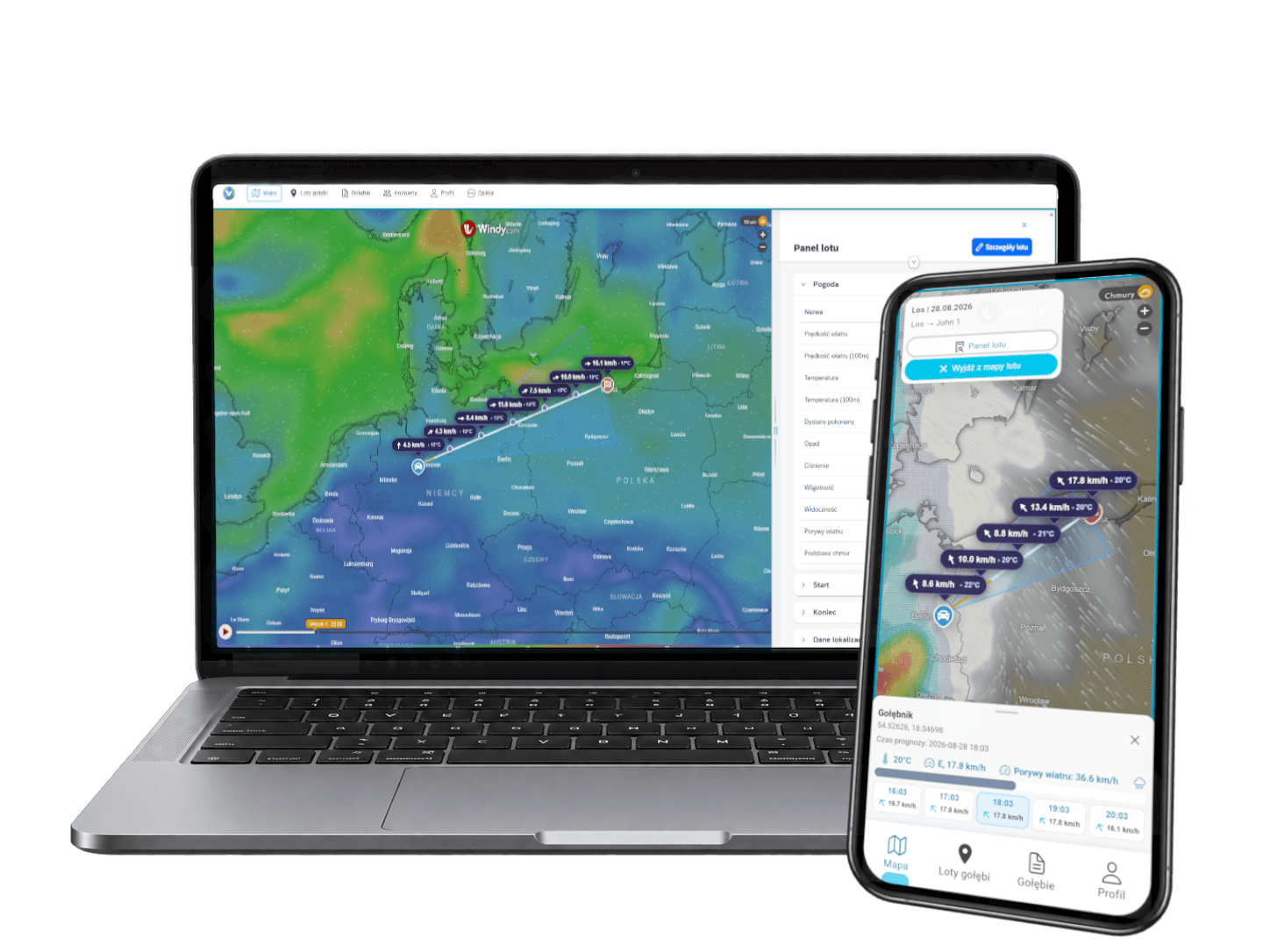 Pigeon Map on a laptop and smartphone with weather analysis along a flight route