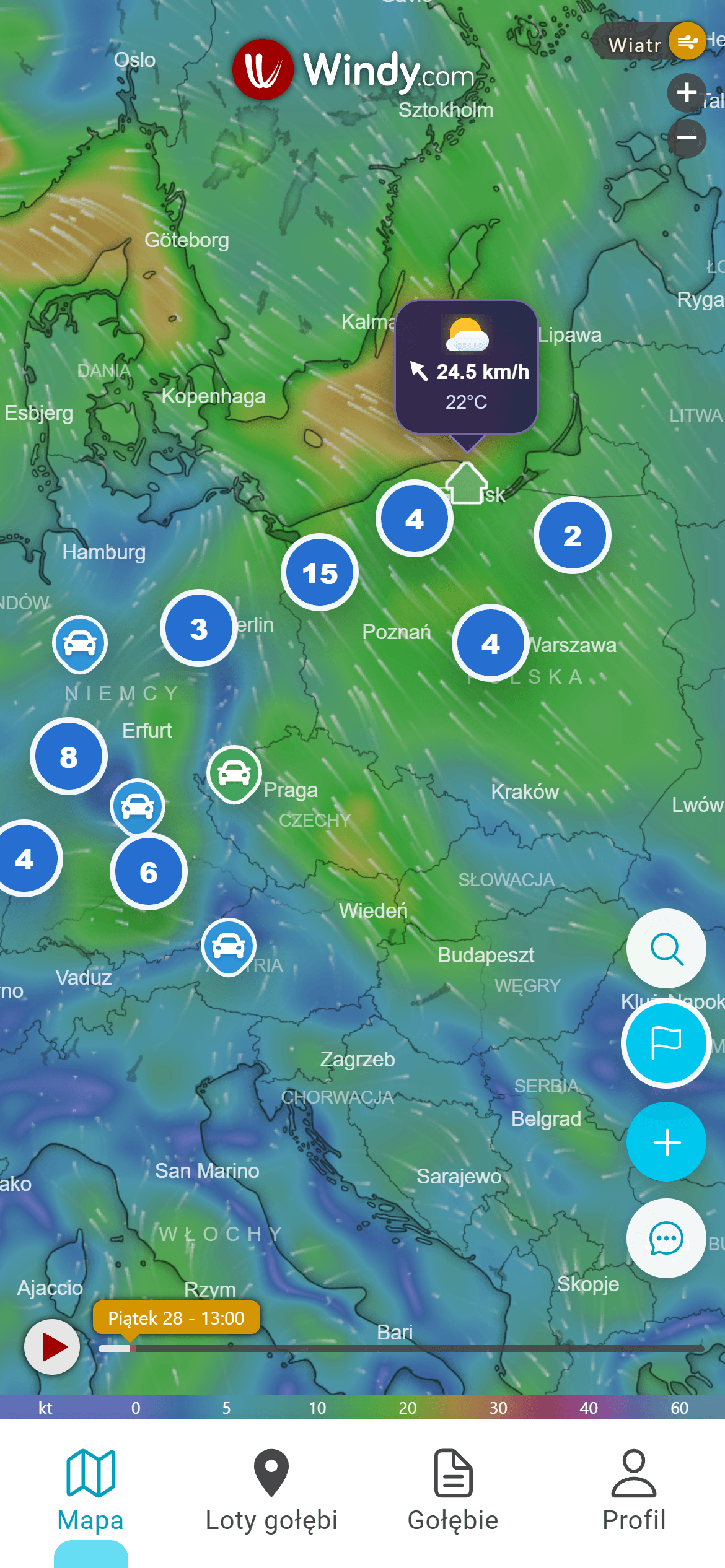 Pigeon map and wind layer in the Pigeon Map app