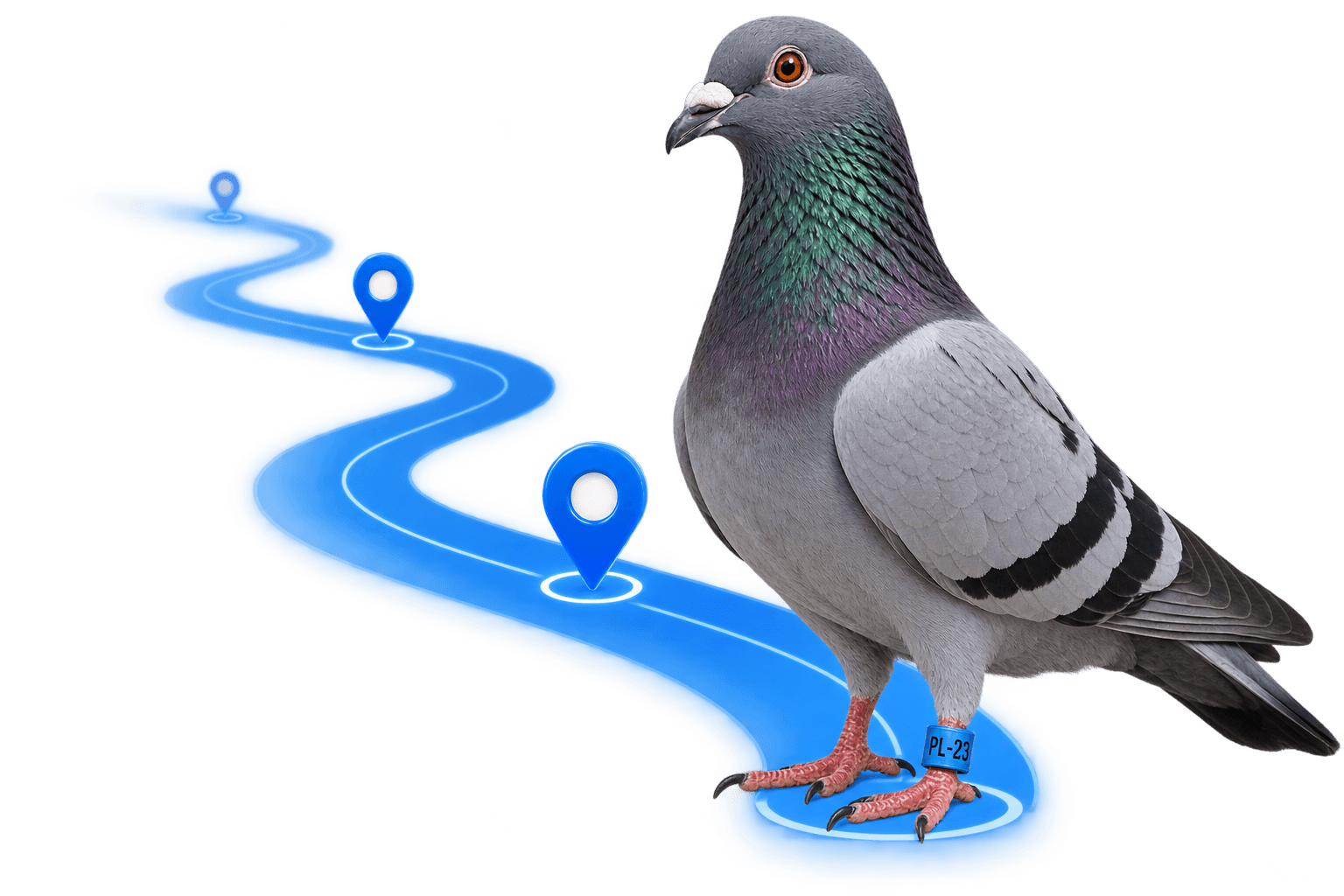 Racing pigeon beside a blue route with map markers