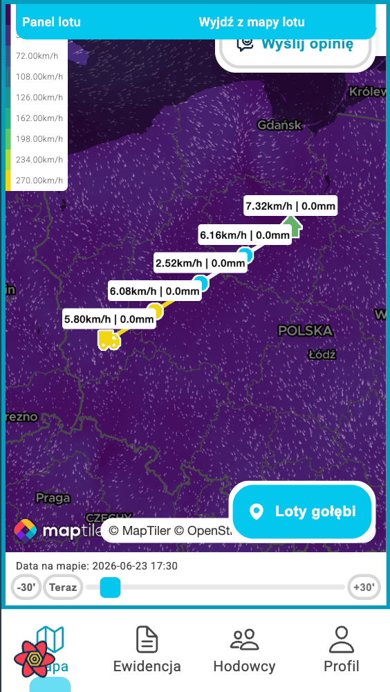 MapTiler mobile flight map in Pigeon Map